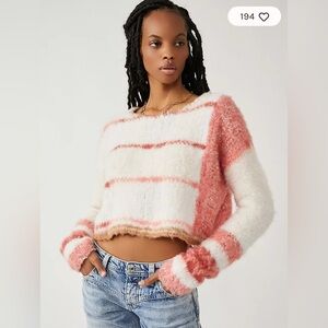 Free People Emerson Fuzzy Striped Pullover Sweater Pink White XS